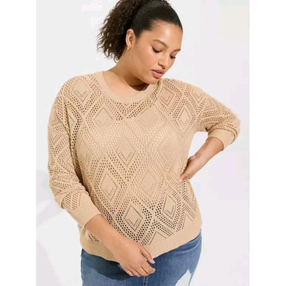 TORRID Beige POINTELLE PULLOVER SWEATER FLARE SLEEVE 1X Long Sleeve Holey